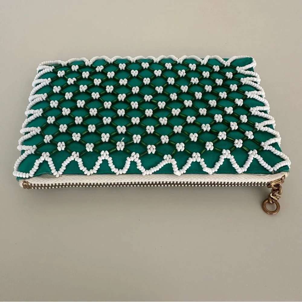Vintage 1950s Green Silk Small Beaded Satin Pouch Emerald Green and White. 5.5